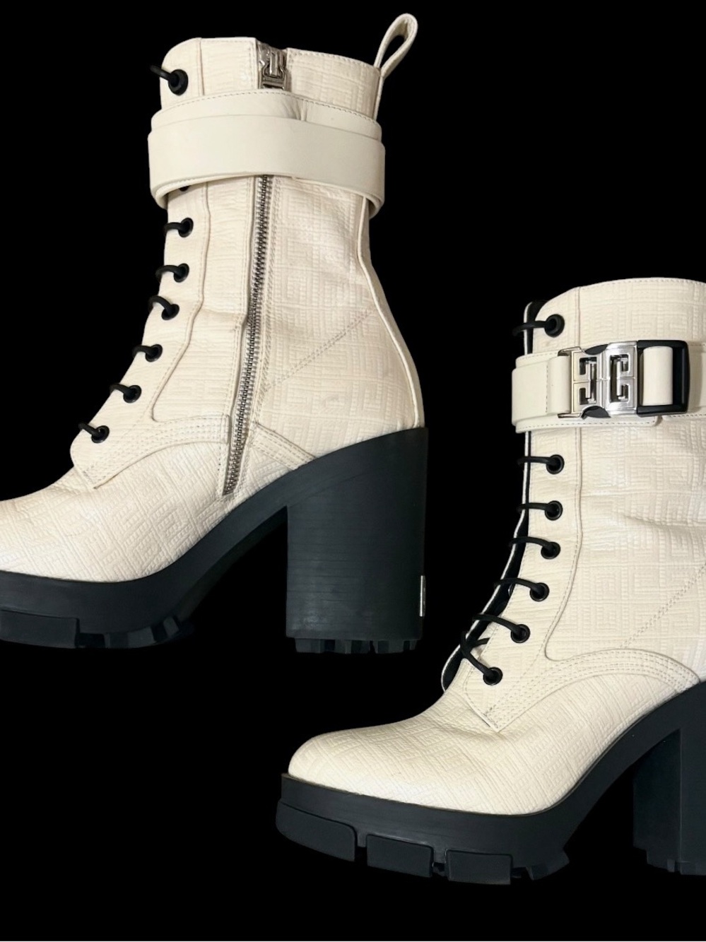 Givenchy Cream Lace-Up Chunky Heel Ankle Boots with Buckle Detail